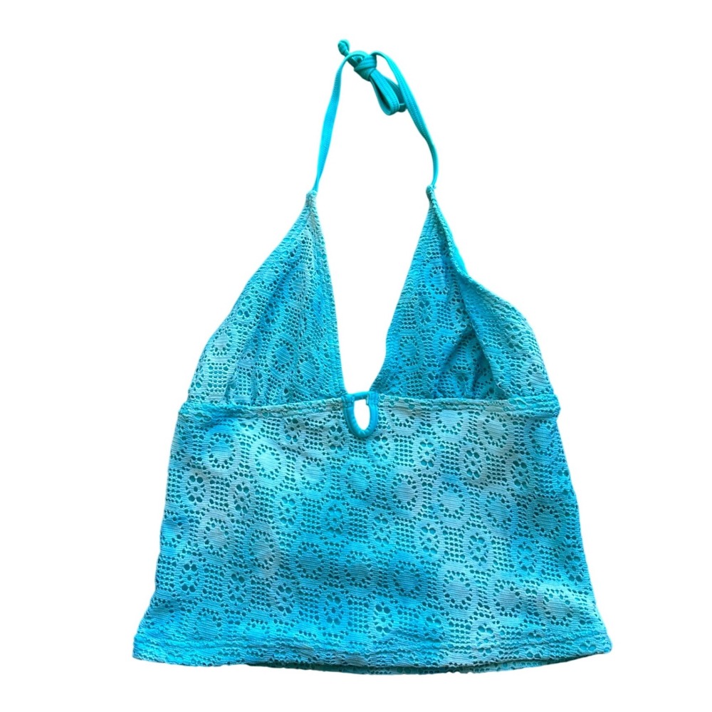 Outfit Turquoise Blue Crochet Lace Halter Top Keyhole V-Neck Size 40 Summer Boho